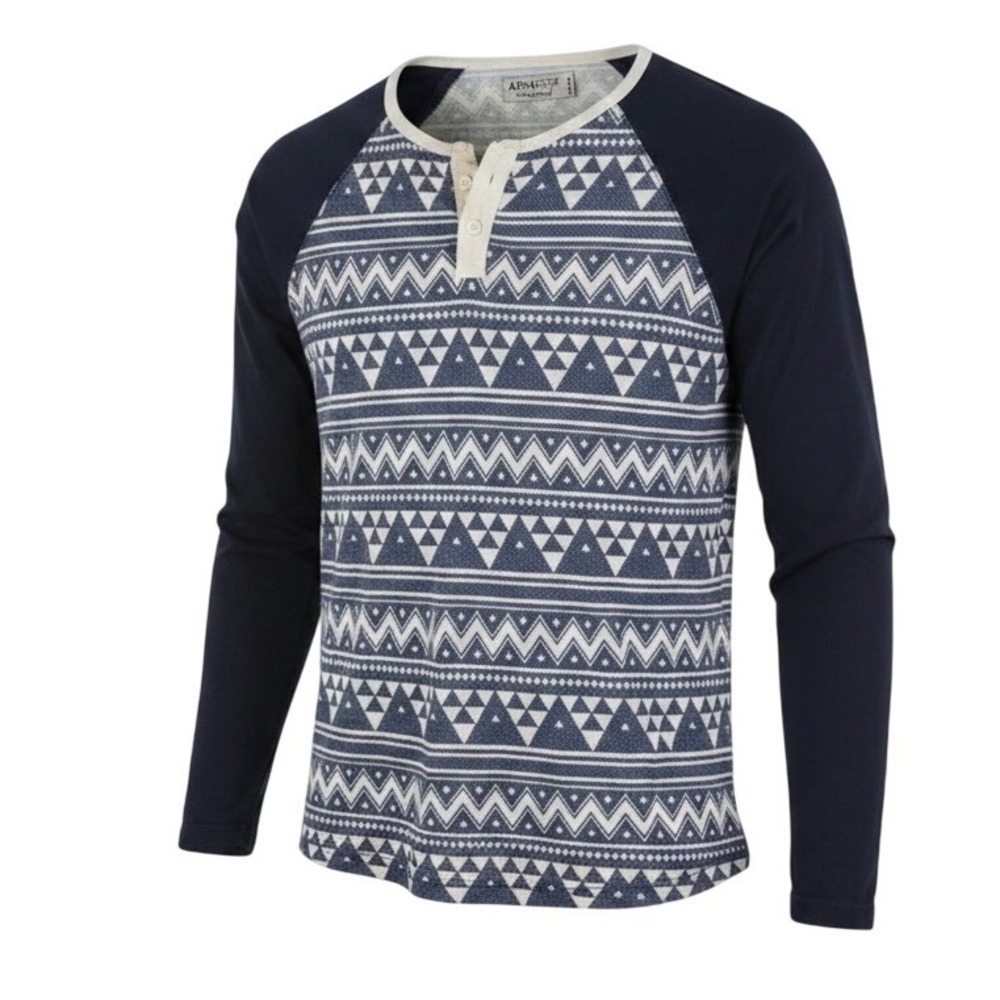 Alpha Beta Mens Large Navy Blue Geometric Tribal Raglan Henley Long Sleeve Shirt